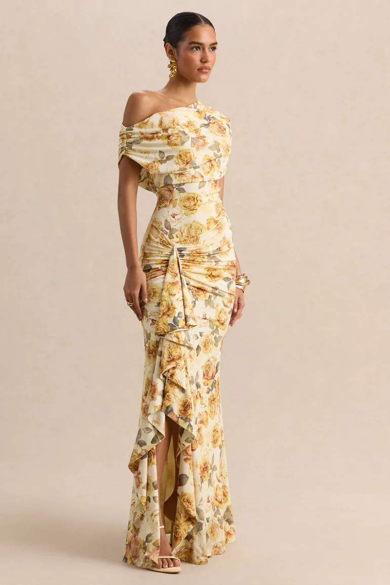 Siora | Lemon Rose Print Asymmetric-Neck Maxi Dress With Draped-Detailing - 2