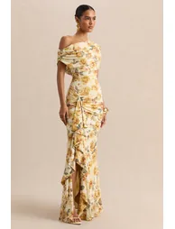 Siora | Lemon Rose Print Asymmetric-Neck Maxi Dress With Draped-Detailing - 2