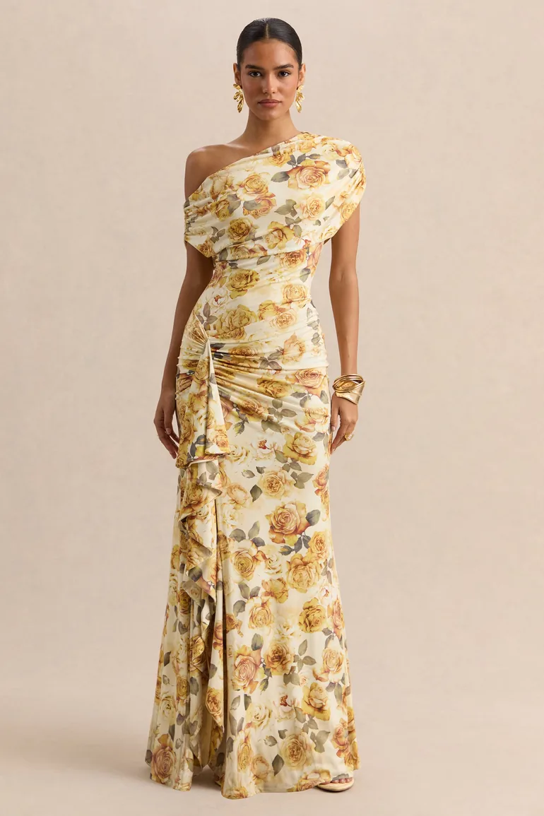 Siora | Lemon Rose Print Asymmetric-Neck Maxi Dress With Draped-Detailing