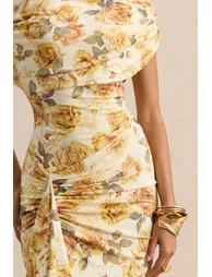 Siora | Lemon Rose Print Asymmetric-Neck Maxi Dress With Draped-Detailing - 4