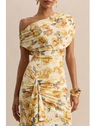 Siora | Lemon Rose Print Asymmetric-Neck Maxi Dress With Draped-Detailing - 3