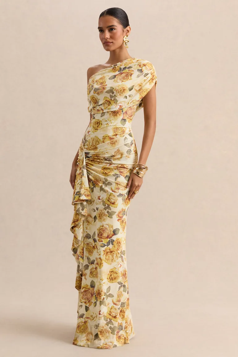 Siora | Lemon Rose Print Asymmetric-Neck Maxi Dress With Draped-Detailing - 1