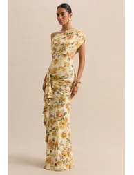 Siora | Lemon Rose Print Asymmetric-Neck Maxi Dress With Draped-Detailing - 1