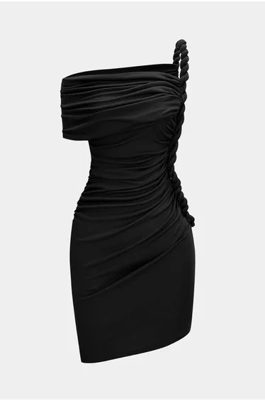 Ruched Twist Knot One Shoulder Short Sleeve Mini Dress