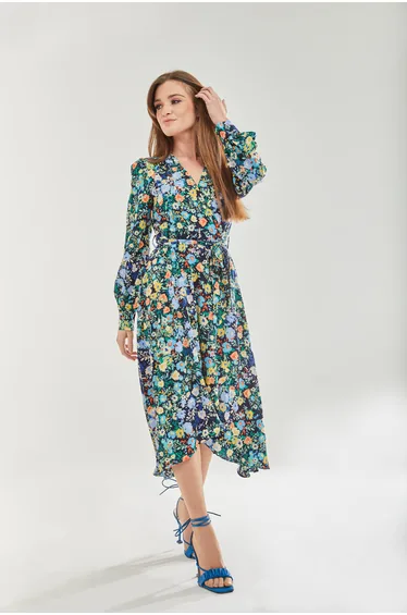 Women's Midi Dress with Full-Length Sleeves in Multicolour Floral Print .