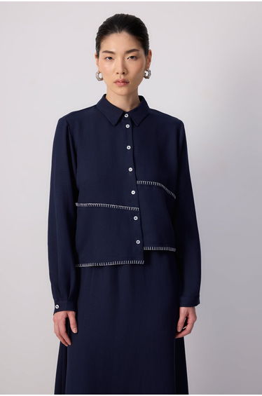 CONTRAST STITCHED SHIRT SKIRT SET