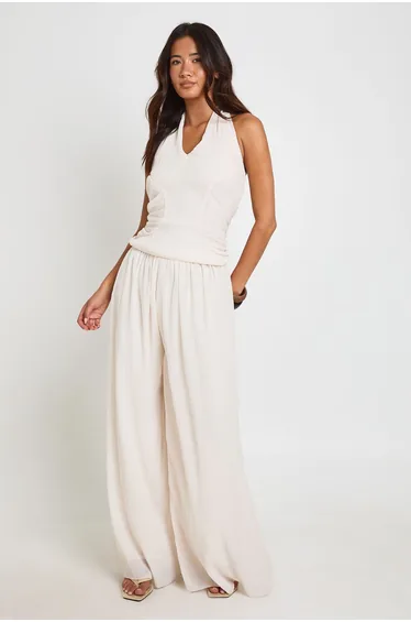 Textured Pleated Wide Leg Trousers - ivory