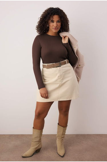 Brown premium soft fabric viscose crew neck crop stretch knit blouse