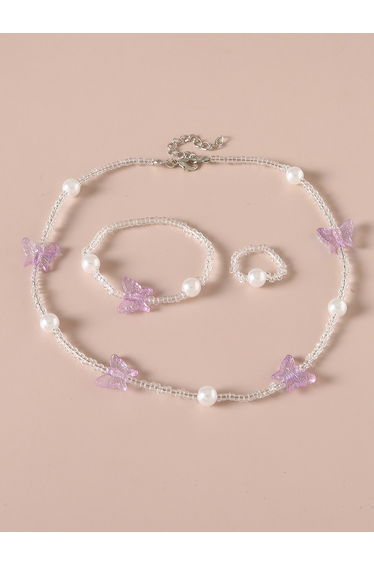 Pack of 3 - Butterfly Beaded Necklace with Bracelet and Ring