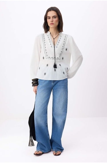 White Embroidered Long Sleeve Woven Blouse