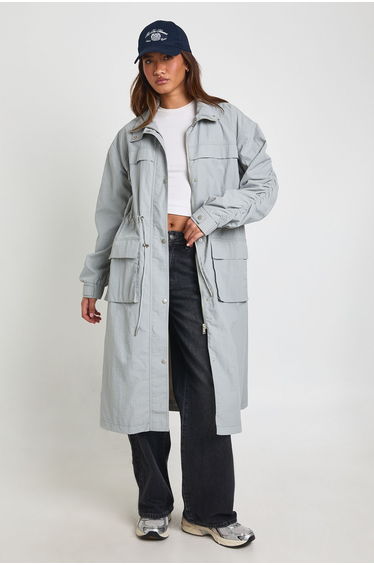 Utility Cinched Waist Lightweight Trench Jacket - grey