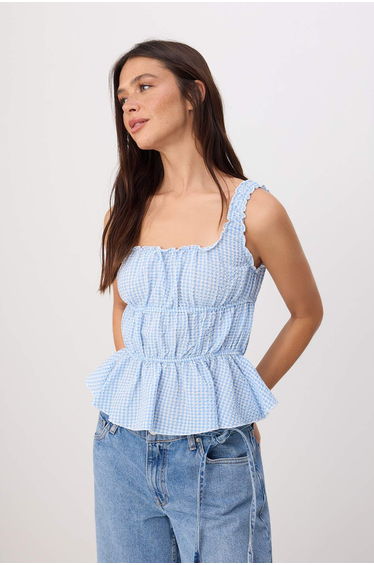 Light Blue Checkered Waffle Woven Blouse