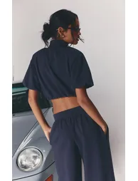 Navy Jersey Zip Through Puff Sleeve Jacket Co Ord - 1