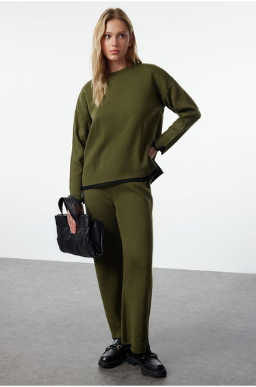 Khaki Wide Fit Contrast Colored Knitwear Bottom-Top Set