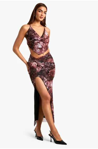 printed mesh twist detail midaxi skirt - soft pink