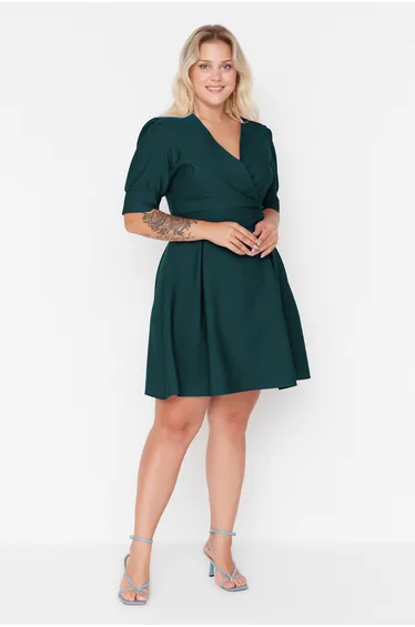 Emerald Green Woven Double Breasted Neckline Dress