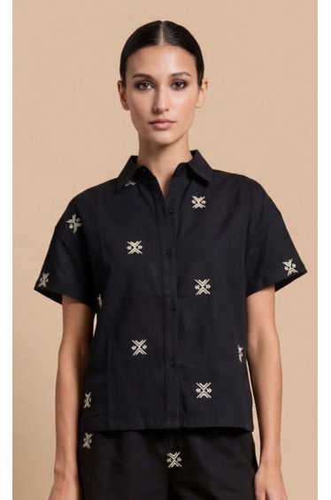 Black Embroidered Rayon Blend Shirt