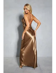 Metallic Satin Cowl Neck Neck Split Leg Maxi Dress - 2