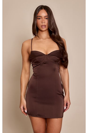 Chocolate Satin Cup Detail Mini Dress