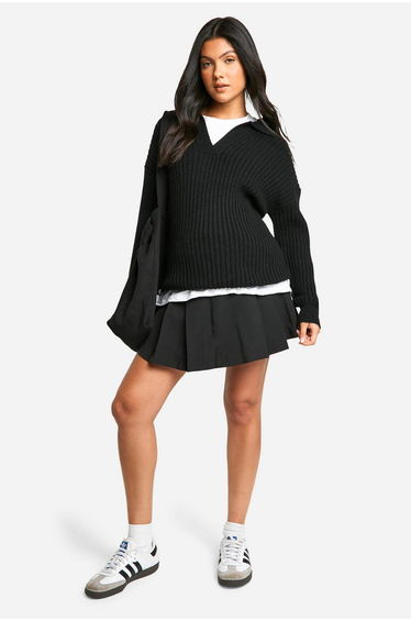 Maternity Soft Wide Rib Knit Collared Jumper - black