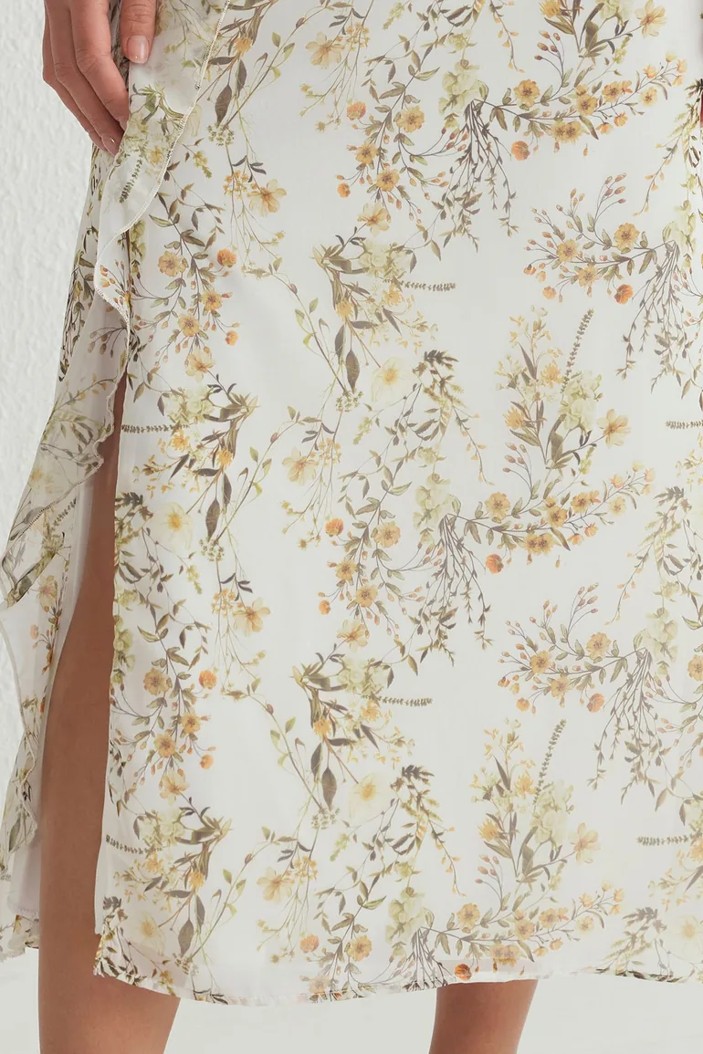 Ecru Floral Ruffle A-Line Maxi Woven Dress - 3