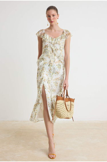 Ecru Floral Ruffle A-Line Maxi Woven Dress