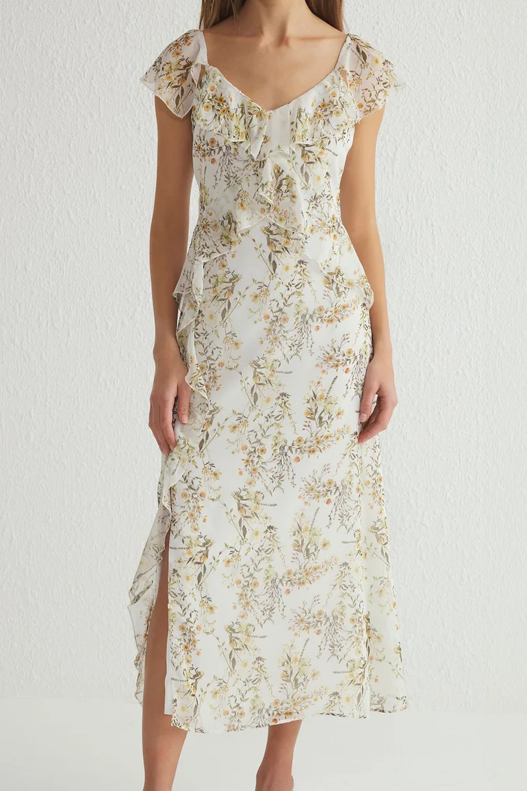 Ecru Floral Ruffle A-Line Maxi Woven Dress - 2