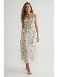 Ecru Floral Ruffle A-Line Maxi Woven Dress