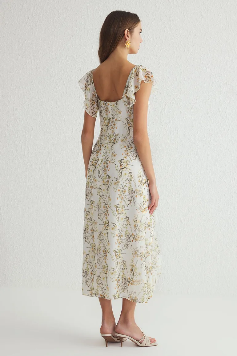 Ecru Floral Ruffle A-Line Maxi Woven Dress - 4