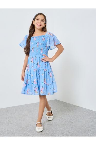 Girls Blue Floral Printed Smocked Midi Dress