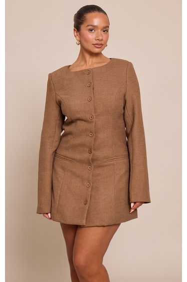 Shape Chocolate Wool Look Button Front Tailored Mini Dress