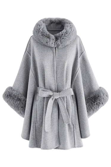 Self-Tie Bowknot Faux Fur Poncho in Grey