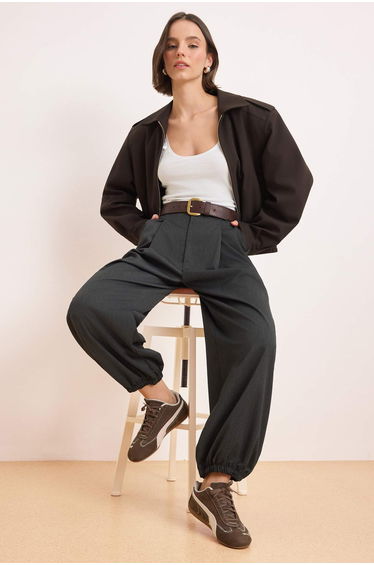 Anthracite High Waist Woven Shalwar Trousers