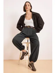 Anthracite High Waist Woven Shalwar Trousers - 1