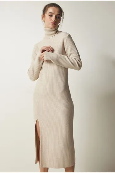 Women's Beige Turtleneck Slit Knitwear Dress