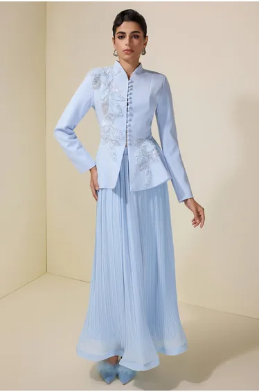 Embroidered Stand Collar Top & Pleated Midi Skirt Set