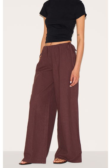 Tall Chocolate Premium Linen Look Side Tie Detail Wide Leg Trousers