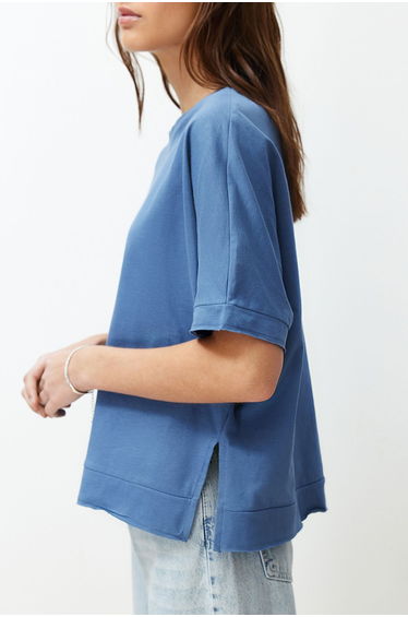 Indigo 100% Cotton Cut and Slit Detailed Oversize/Comfortable Cut Knitted T-Shirt