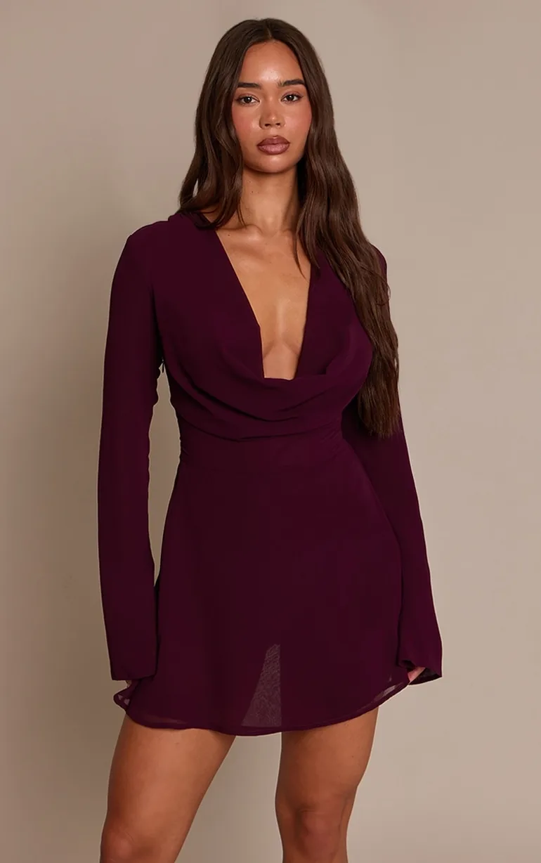 Purple Chiffon Cowl Neck Flute Sleeve Shift Dress Prettylittlething Purple  : Party Dresses : VogaCloset Qatar