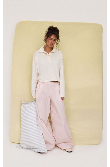 Pink Stripe Cotton Broderie Trim Wide Leg Trousers
