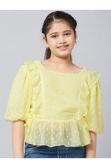 Girls Yellow Textured Ruffled Detail Top