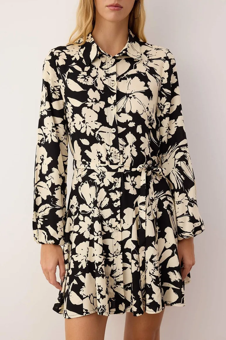 Black Floral Gode Detailed Short / Mini Woven Shirt Dress - 2