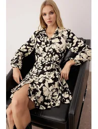 Black Floral Gode Detailed Short / Mini Woven Shirt Dress - 1