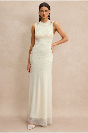 Halter Neck Pearl Backless Maxi Dress