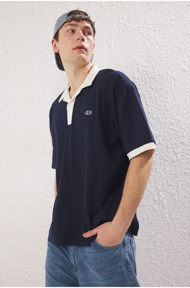 Navy Blue Oversize/Wide Cut Embroidery Detailed Polo Neck T-shirt