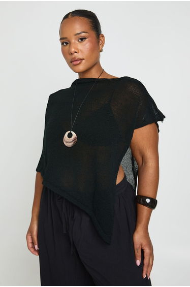 Plus Slash Neck Sheer Knit Cape - black