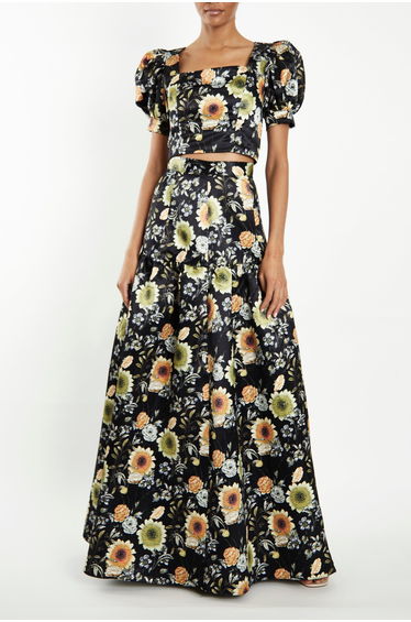 Polly Co-Ord Black-Mustard-Flower High-Waisted Tiered Maxi-Skirt