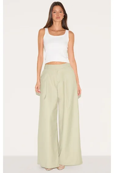 Sage Woven Double Pleat Wide Leg Trousers