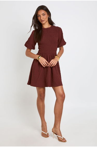 Tall Textured Volume Sleeve Mini Dress - chocolate