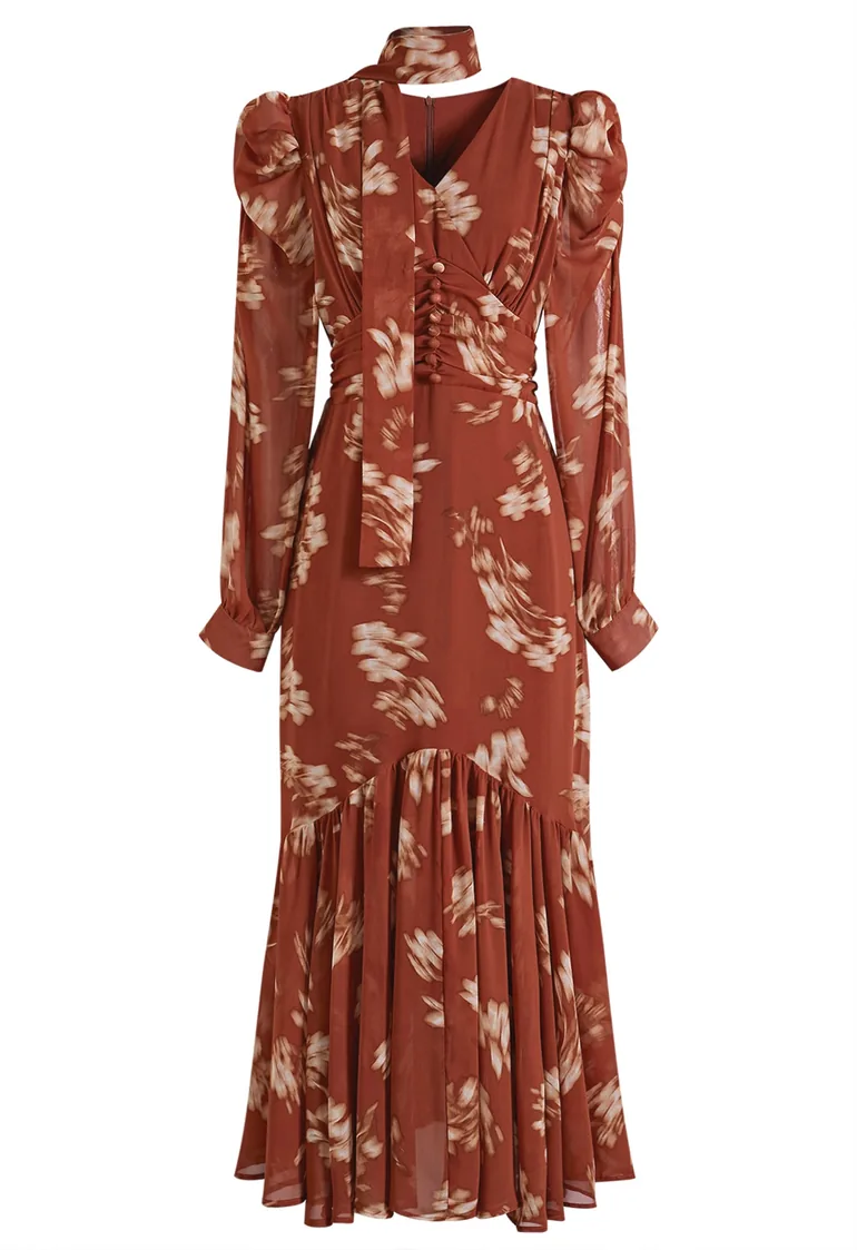 Inky Floral Printed Scarf-Tie Neck Chiffon Dress in Rust for Garden Parties & Wedding Guests - 4